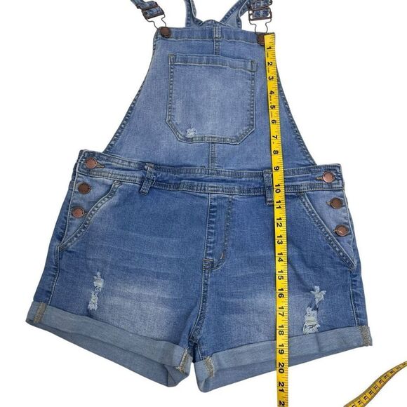 Encore Juniors Distressed Stretch Cuffed Denim Shortalls Mid Wash Blue Size 11 - Picture 9 of 15